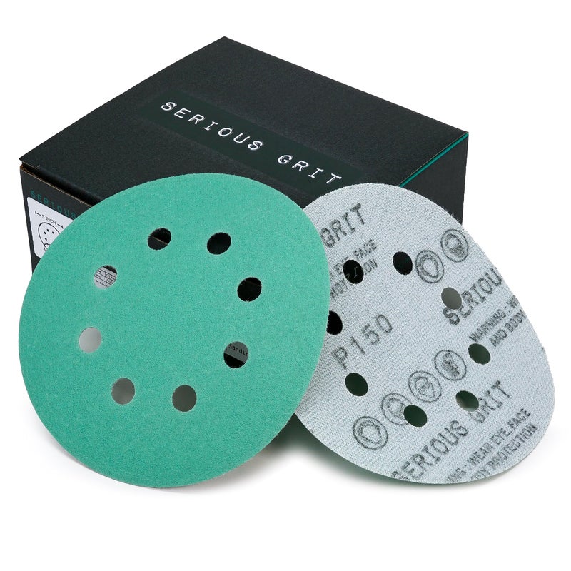 Serious Grit Sanding Discs 5 Inch 8 Hole 150 Grit - Heavy-Duty Hook & Loop Wet Dry Film Sandpaper Discs - Very Fine Sand Paper for Random Orbital Sanders - Wood, Automotive, Metal, etc - 50 Pack Box - Image 1